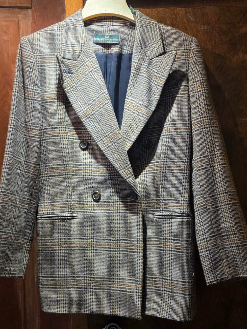 double-breasted plaid blazer with Prince of Wales check pattern